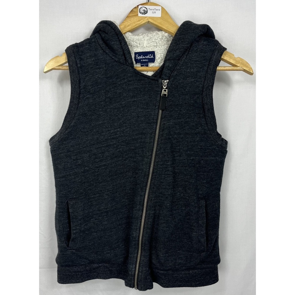 EUC Splendid Women Heather Gray Sherpa Lined Zip Moto Vest Hoodie Made in USA XS